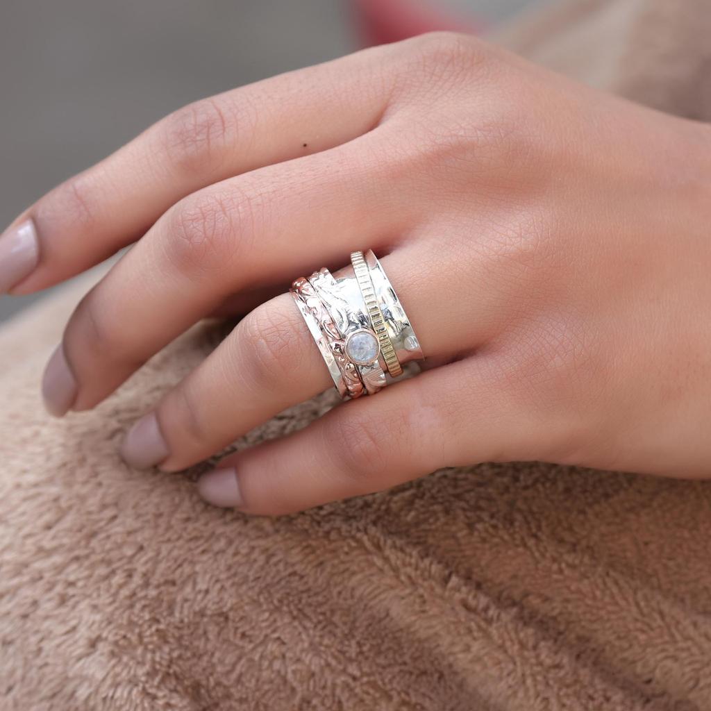 Anello Rotante Pietra di Luna, Anello a Fascia Tre Toni, Gioielli Pietra di Nascita, Anello per Ansia