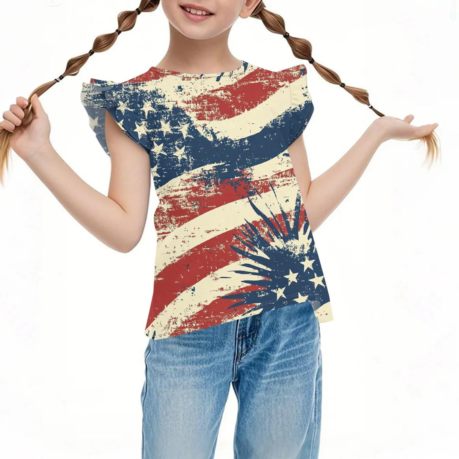 

Children s Casual Short-Sleeved Pleated Cute Independence Day Printed Round-Neck Top 150 красный