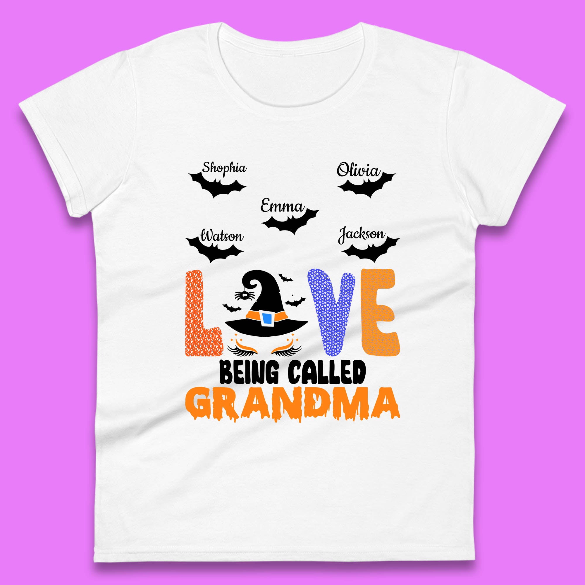 Personalised Love Being Called Grandma Your Name Halloween Grandma Witch Hat With Grandkids Names  Womens Tee T Shirt Mens Tops Unisex Top 3XL