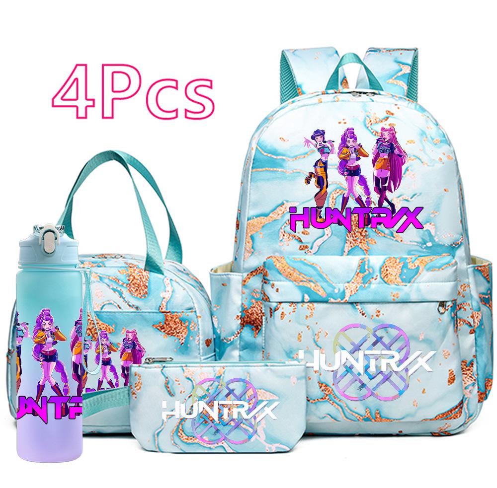 4Pcs/set Cartoon K-Pop Demon Hunters Printed Backpack Handbag Pencil Case with 750Ml Water Bottler for Teenager Boy Girl Large Capacity Schoolbag