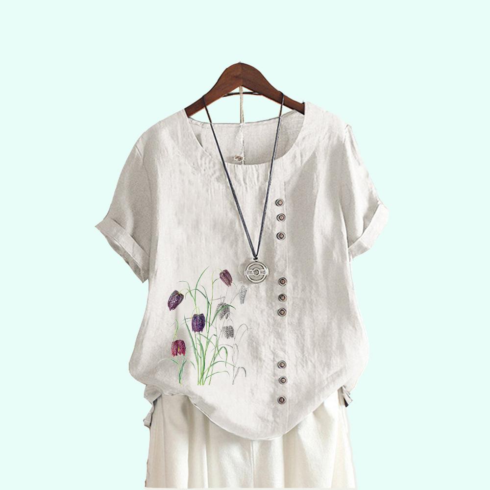 Ladies Flower Print Casual Round Neck Blouses Summer Short Sleeve Plus Size Pullover Loose T-shirt
