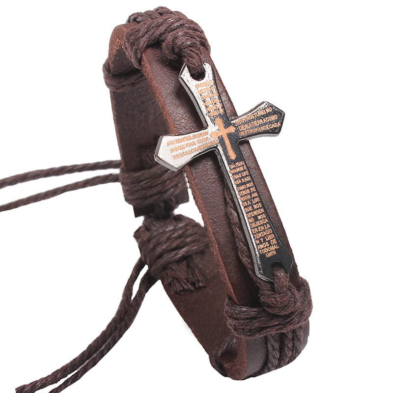 Vintage Men Bracelets & Bangles Metal Cross Charm Fashion Adjustable Leather Bracelet Jesus Jewelry Gifts