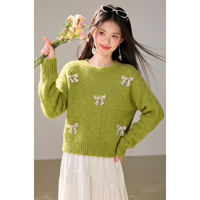 2026 Autumn Women's Versatile Round Neck Bow Knit Sweater with Long Sleeves