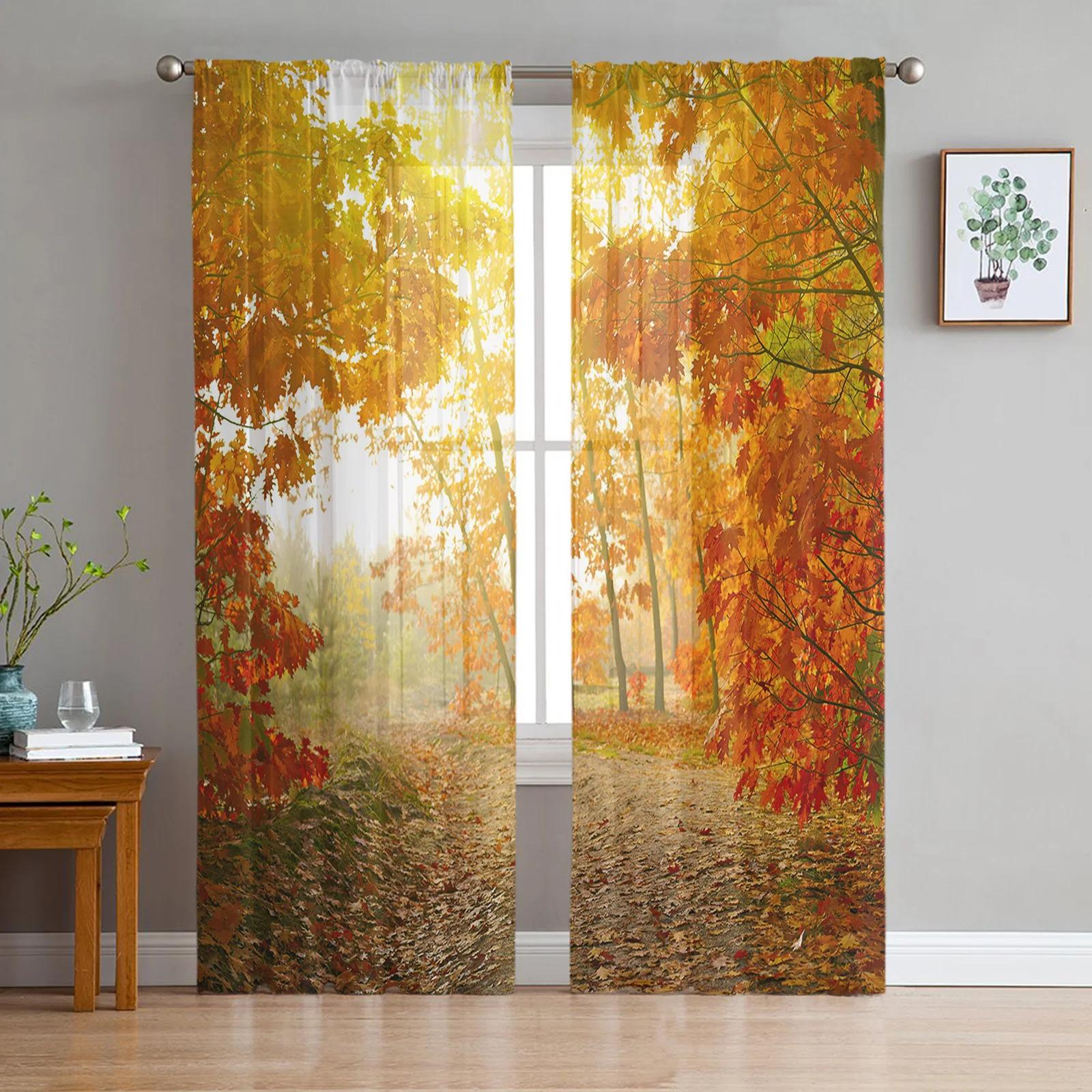 

Maple Leaf Autumn Forest Landscape Tulle Curtains Living Room Bedroom Decoration Voile Window Party Drapes Curtain Sheer Polyester Ideal For Area W100*H130(CM)-Rod Pocket&2PCS