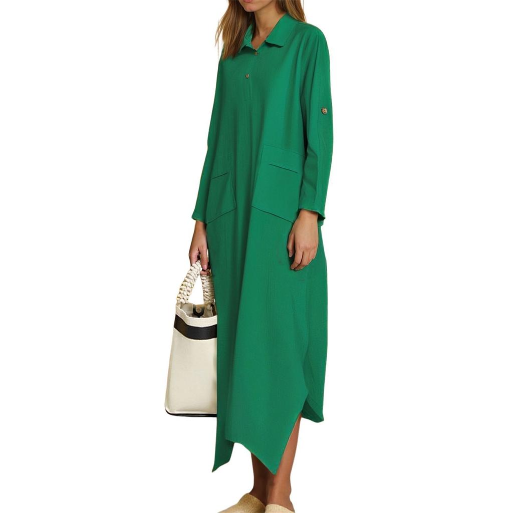 Women's Casual Solid Color Cotton And Linen V-Neck Long Sleeve Button Midi Dress