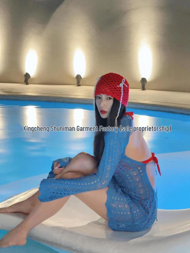 

Красно-синий раздельный купальник в колор-блок с вязаной юбкой – Купальник-тройка для горячих источников Medium