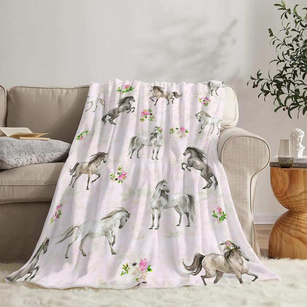 Horse Blanket Gift for Girls Women Cartoon Horses Flannel Cute Farm Animal Blankets Soft Lightweight for Lovers Decor Sofa Bed