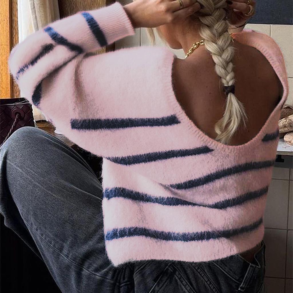 Lässiger gestreifter Wollpullover mit langen Ärmeln für Damen 2025 Herbst und Winter