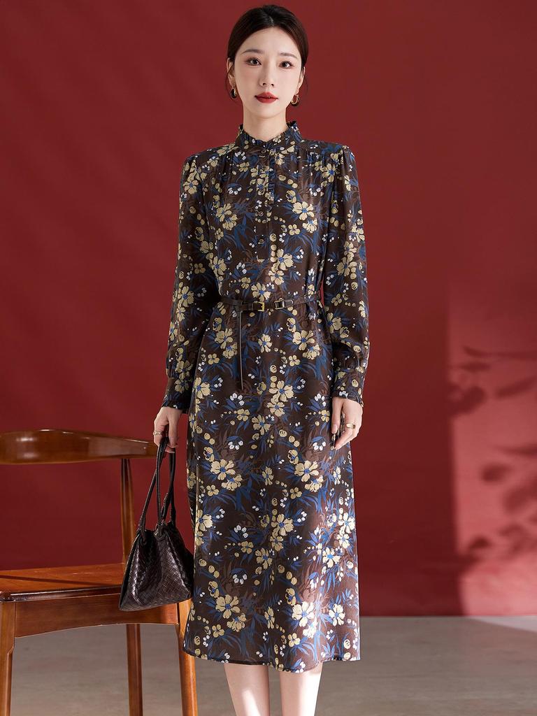 100% Mulberry Silk Long Sleeve Pleated Midi Dress for Women - Printed Slimming Style