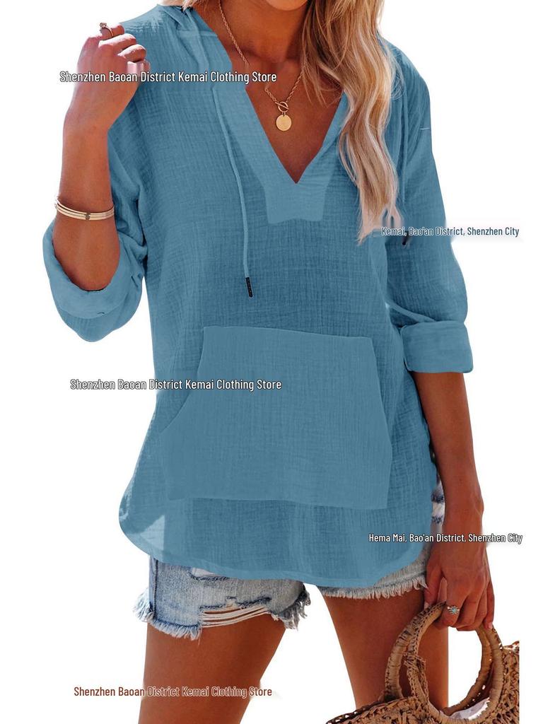 European & Asian 2025 Spring/Summer Women's V-Neck Long Sleeve Beach Hoodie with Pocket