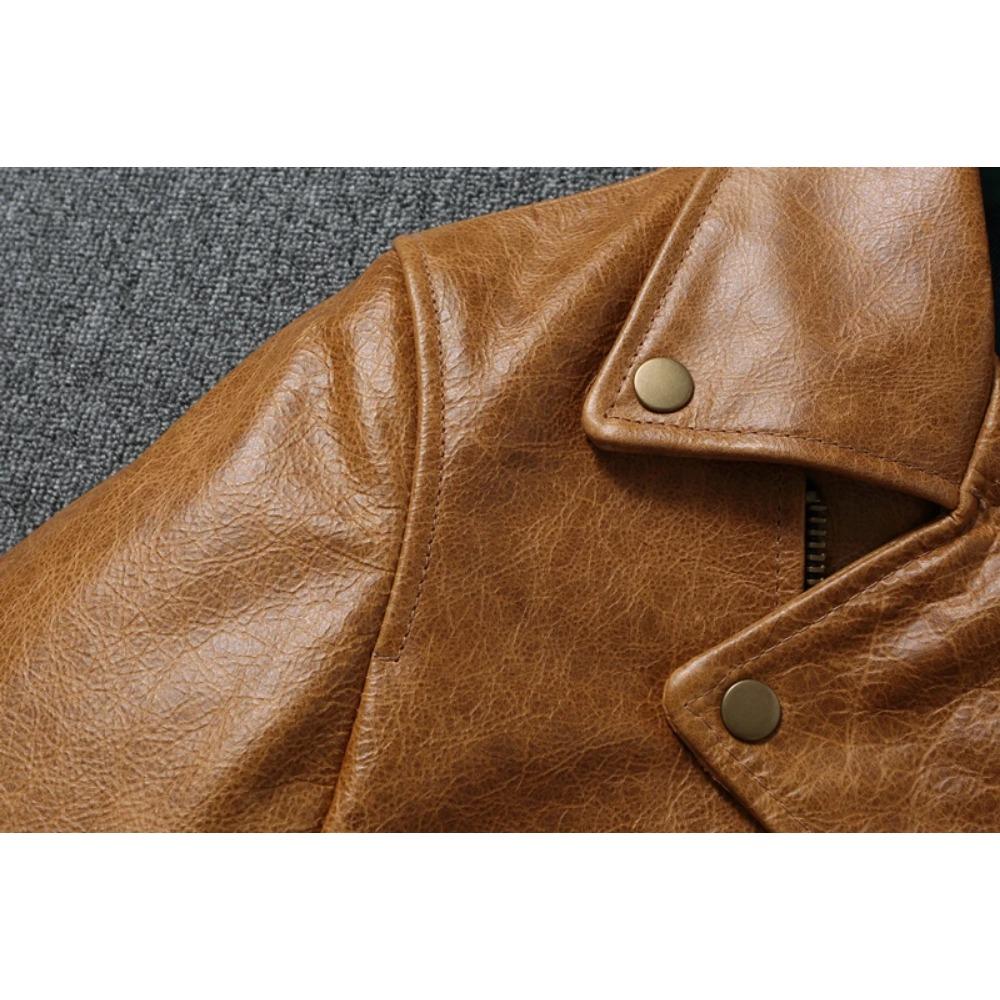 Chinese Size Men Leather Jackets Oil Waxed Yellow Brown Genuine Cow Leather Jacket for Men Cowhide Motorcycle Biker Jackets
