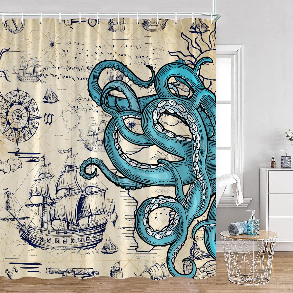 Octopus Shower Curtains Ocean Animals Funny Octupus Undersea World View Bathroom Curtain Nautical Bath Decorations with Hooks