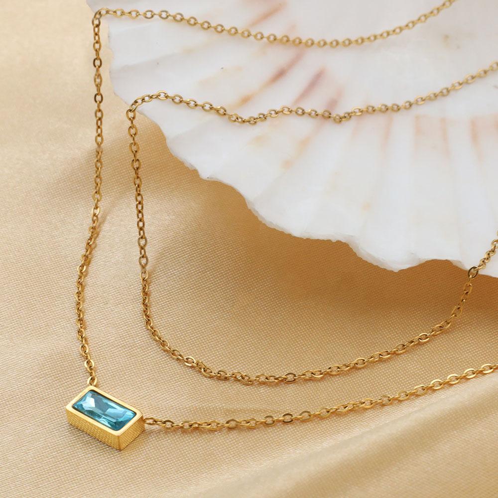 French Light Luxury Titanium Steel Non-Fading Jewelry Fashionable Versatile Stacked Wearing Collarbone Chain Double Layer Blue Zircon Necklace Women