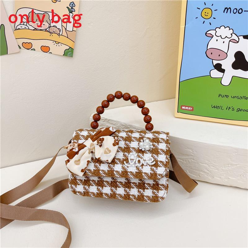 Fashion Simulation Pearl Bow Design Whoundstooth Pattern Children Shoulder Bag For Daily Use