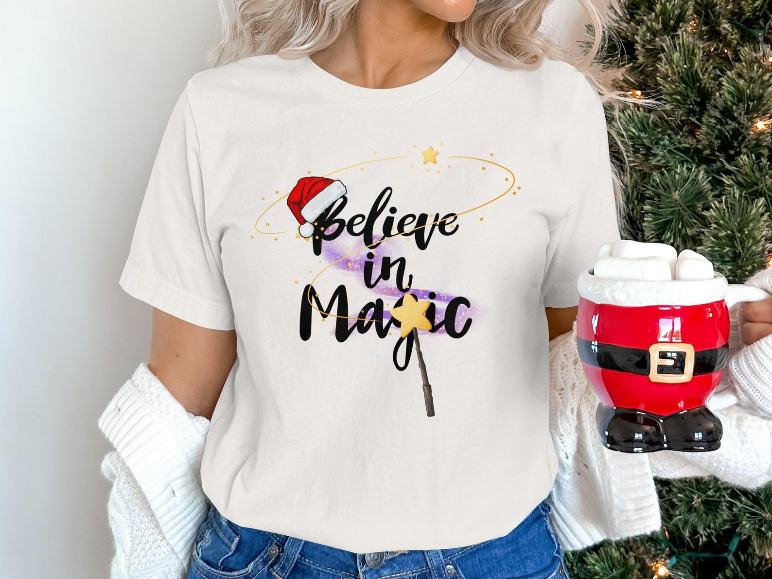 Believe in Magic T-Shirt, Whimsical Santa Hat, Magic Wand Top, Festive Winter Apparel 3XL