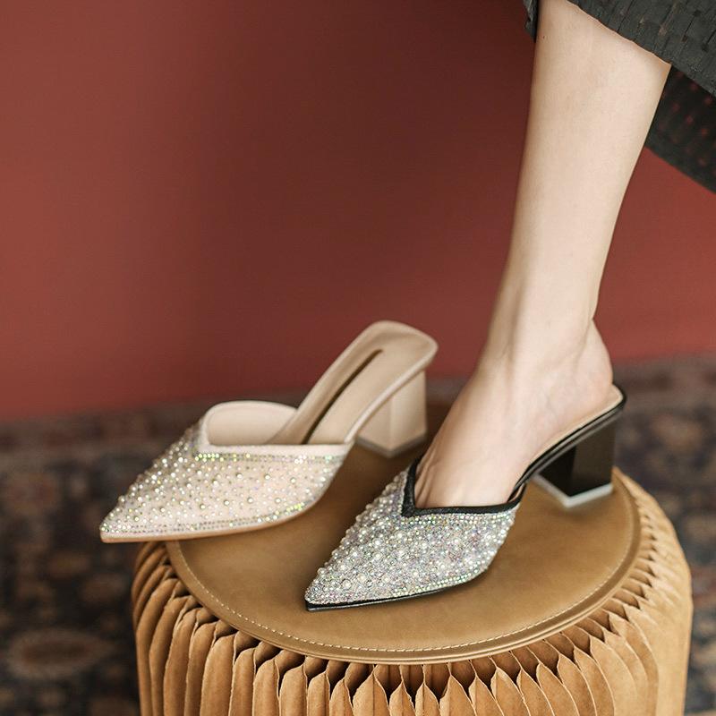Baotou Half-tray Shoes Women Wear New Rhinestones In Summer, Fairy Thick Heels, Pointed High Heels, Women's Fashion Sandals