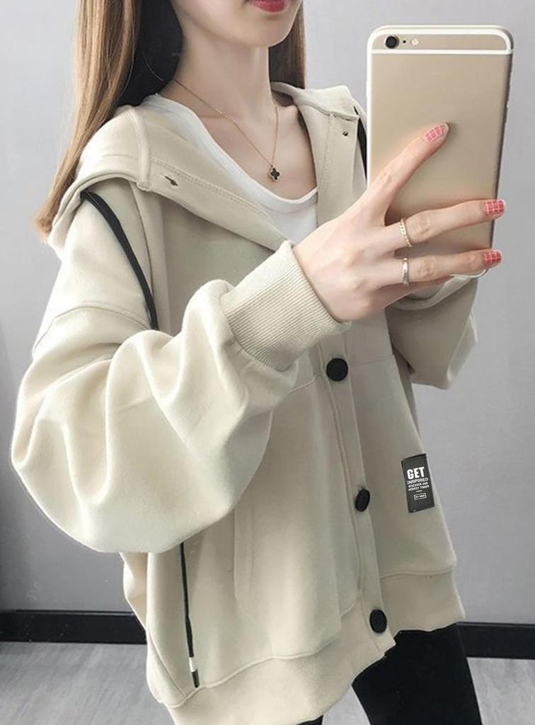 EASTEMPO Spring Long Loose Solid Plus Sizes Women's Hoodie, Sleeve, Fit, Lightweight, Stylish, Color, Casual, Cute, (JP, Alphabet, L, Beige)