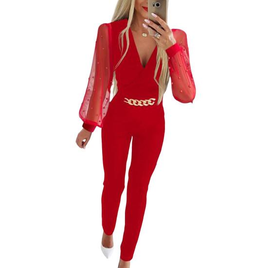 

Женский комбинезон с аппликацией в виде розы, прозрачная сетка, декор в виде цепочки, приталенный, с V-образным вырезом, с высокой талией, однотонный L красный