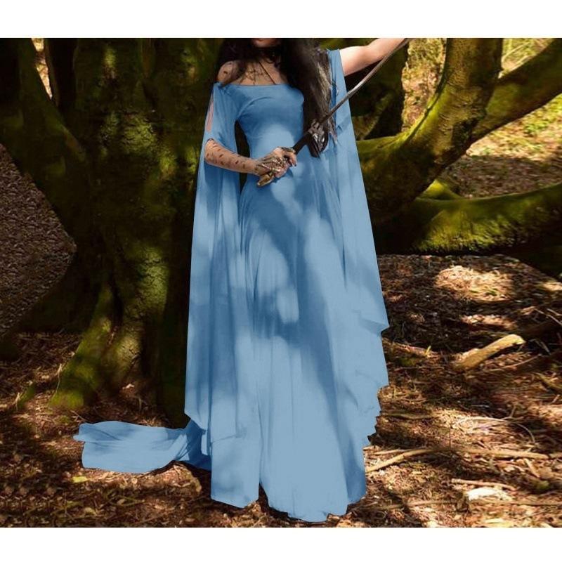Vestido Largo Maxi de Mujer Hombros Descubiertos Manga Larga Ajustado Cintura Alta Elfo Hada Liso Gasa Vintage Disfraz de Cosplay de Halloween Vestido