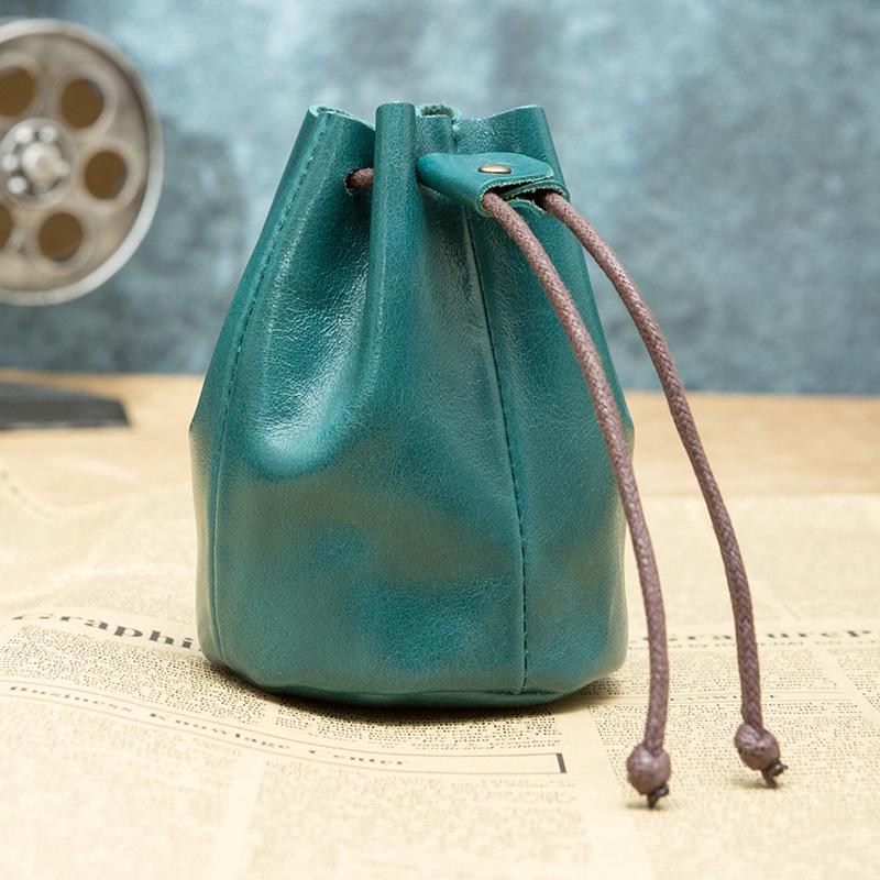 Vintage Leder-Münzbörse - Obernarben-Rindsleder, Kleine Geldbörse, Lippenstift-Aufbewahrung mit Kordelzugverschluss