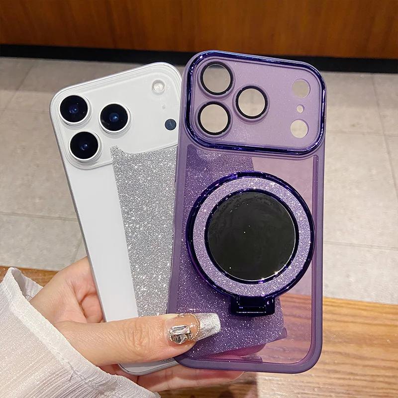 Luxury Glitter Bling Camera Full-pack Film Case For IPhone 17 Pro Max Air 16 15 14 13 12 Magnetic Make-up Mirror Bracket Cover