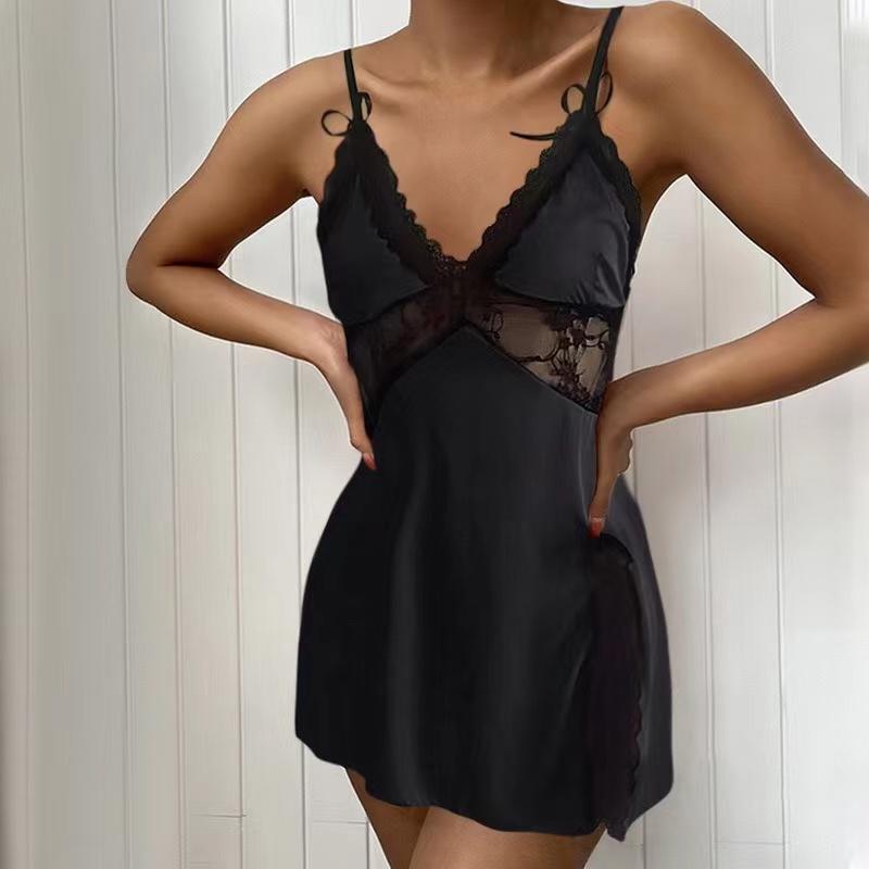 

Женская одежда, сексуальная прозрачная ночная рубашка с бретельками через шею, кружевное сращивание, глубокий V-образный вырез, соблазнительный халат, текстура, удобная домашняя одежда M чёрный
