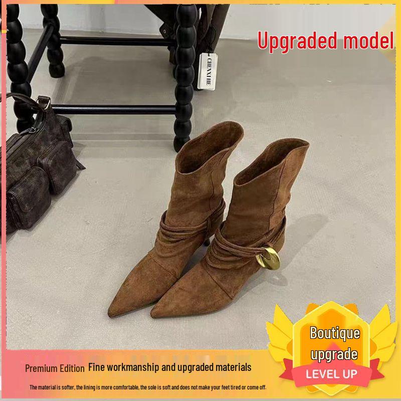 Koreanische Retro Spitzstiefel: Wildleder Stiletto Mid-Calf mit Metallschnalle, Herbst/Winter Kollektion 2025