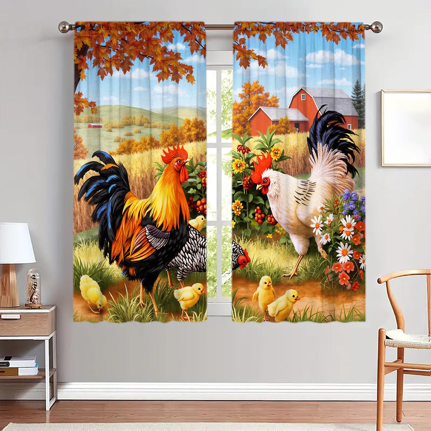 2pcs American Retro Country Rooster Decorative Curtains   Sunshade and Privacy-protecting Pole Curtains