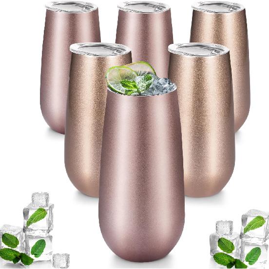 

Maxdot 6 Pieces Champagne Tumbler Stemless Flutes Double Insulated Mini With Lips Stainless Steel Cocktail Cups for Coffee Wine Glass (Rose Gold, Rose Gold, Champagne