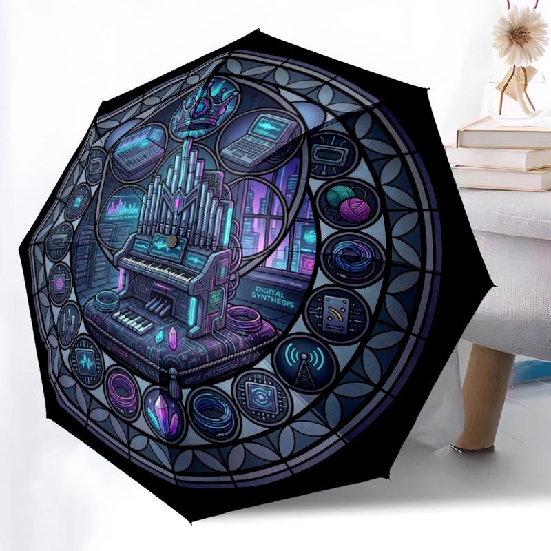 Cybernetic Harmony Synthesis Pattern Umbrella, Portable and Foldable Design, 8 Ribs, a Casual Accessory for Halloween, Christmas, and Birthday Gifts.