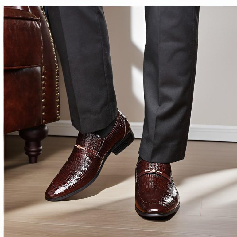 Men's Plus Size Crocodile Pattern Patent Leather Business Slip-On Shoes, Pointed Toe, Shiny Finish