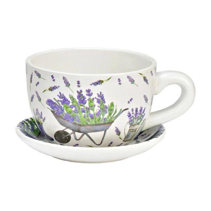 Vase / pot de fleurs (tasse) - EDEN - Tasse décor lavande - Vert - Céramique - 23x25 cm