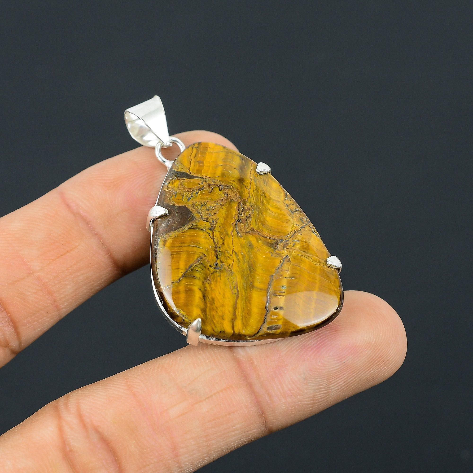 Sacral Chakra Tiger Eye Stone Boho Bezel Mother New Pendant Jewelry 925 Silver