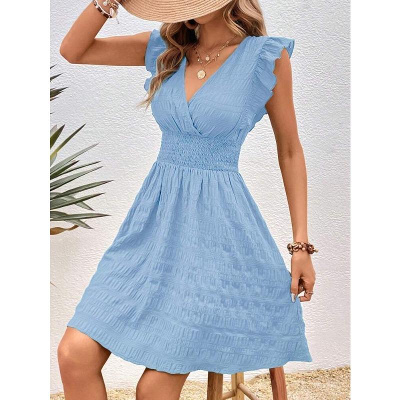 Moda Scollo a V Pieghettato Estivo Ruffles Vestito Vestibilità Aderente Sottile Elegante Monocolore Linea ad A Festa Casual Vestiti Corti Streetwear Dolce Semplice Abbigliamento Donna