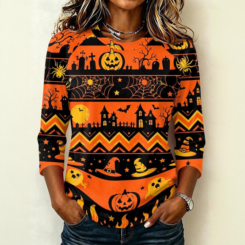 Women's Casual Raglan Sleeve Crew Neck Three Quarter Sleeve Halloween Graphic T Shirt Top for Everyday Wear