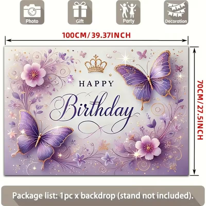 2D Soft Purple & Gold Butterfly Themed Birthday Photo Booth Background Cloth