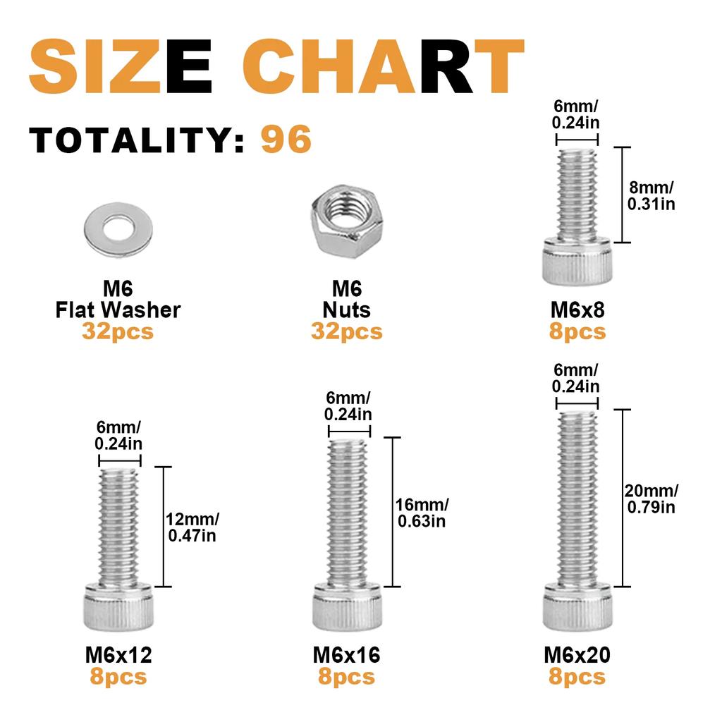 96Pcs M6 Hexagon Head Screw And Nut Set, M6 X 8/12/16/20mm Stainless Steel Screw Set, Cup Head Screw With Allen Wrench
