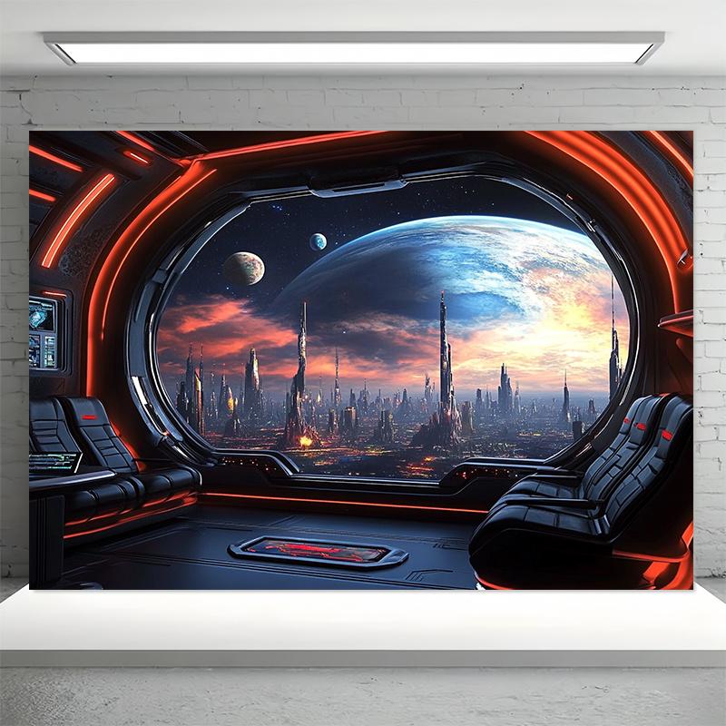 Futuristic Spaceship Cockpit Planet View Sci Fi Cityscape Tapestry Wall Hanging For Bedroom Gamer Room Decor Space Art Printhome