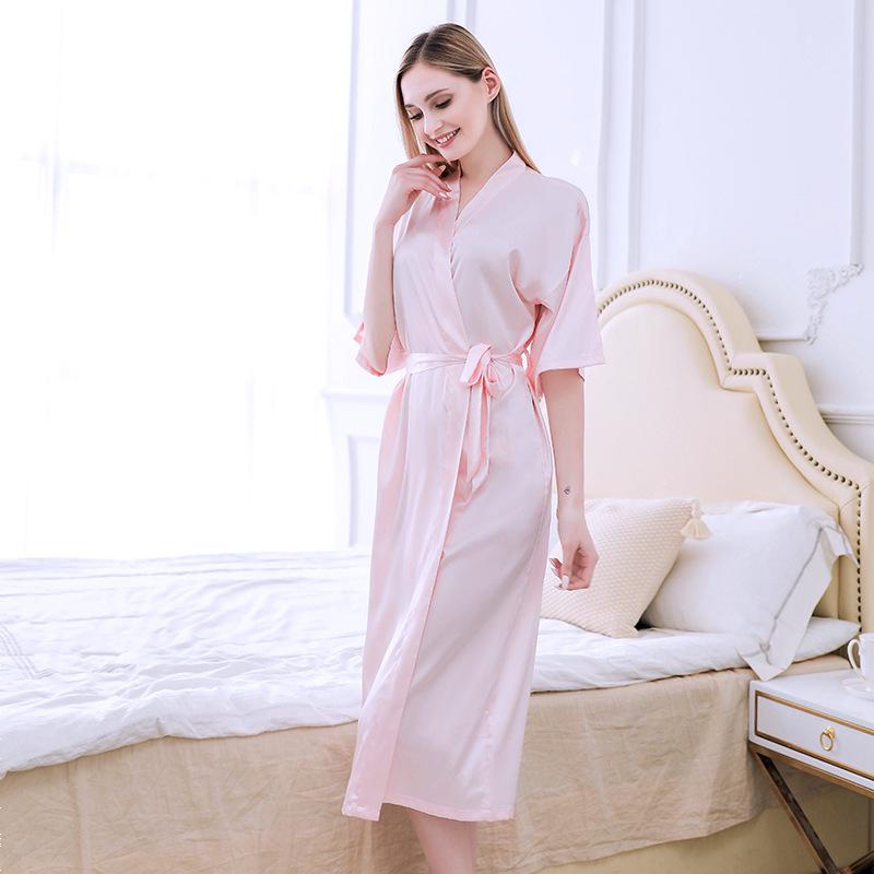 Women's Long Silk-Like Bathrobe - Solid Color Kimono Cardigan for Brides or Lounging