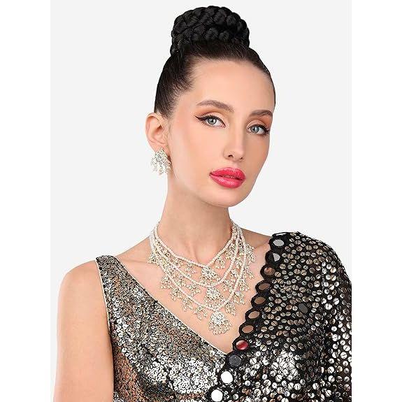 Ethnic Kundan & Pearls Multi Layers Bridal Necklace Set For Women