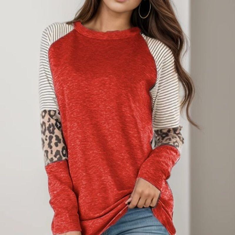 Cross-Border Fashion Autumn New round Neck Stripes Leopard Print Print Contrast Color Raglan Sleeve Long Sleeves T-shirt Women's Fashion All-Matching