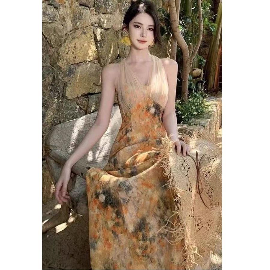Monet Garden Yellow Neck Dress Huge Beautiful Skirt Dress Dopamine Island Bright Seaside Vacation