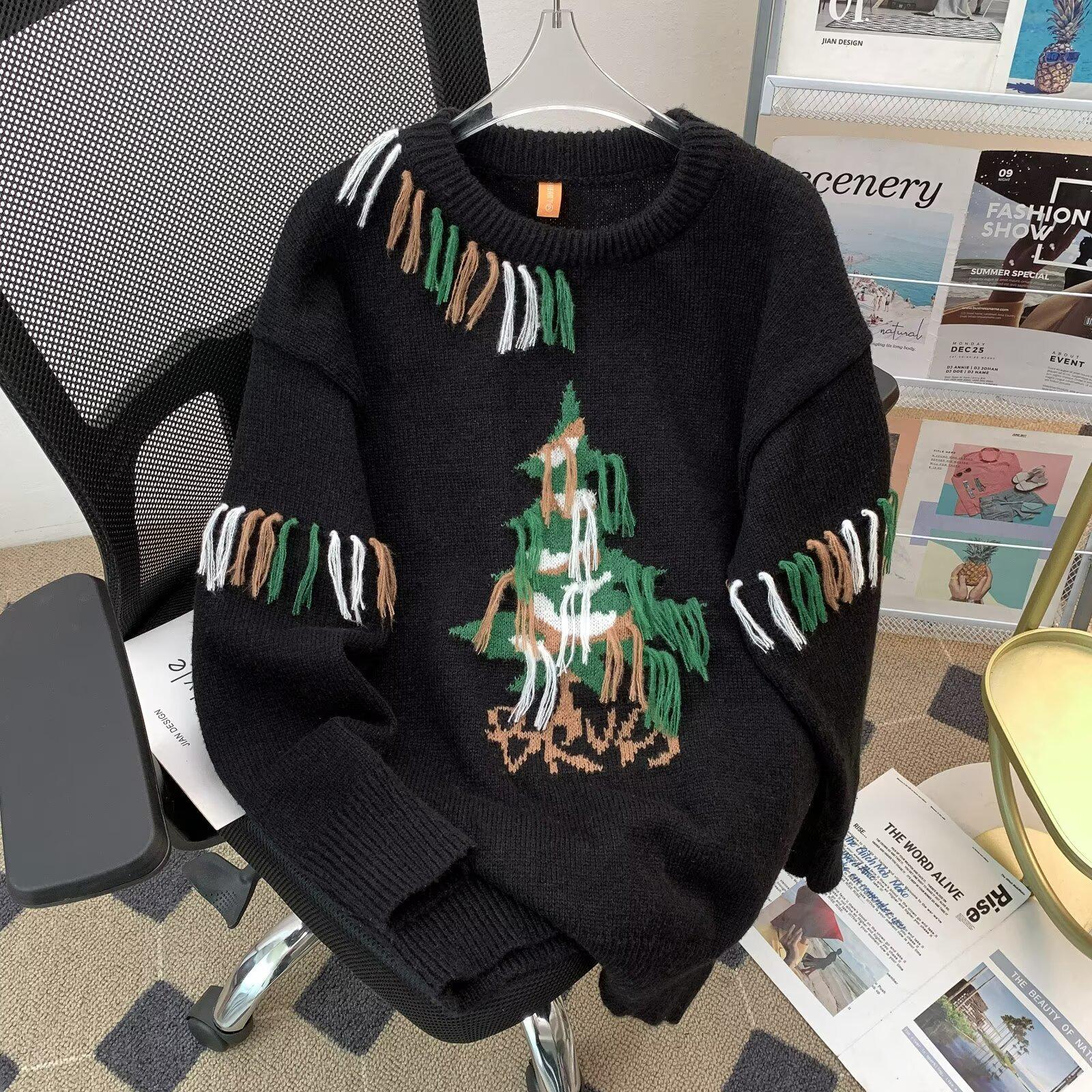 

Unisex Red Christmas Tree Sweater: Handmade Knitted Deer Design for Autumn & Winter M