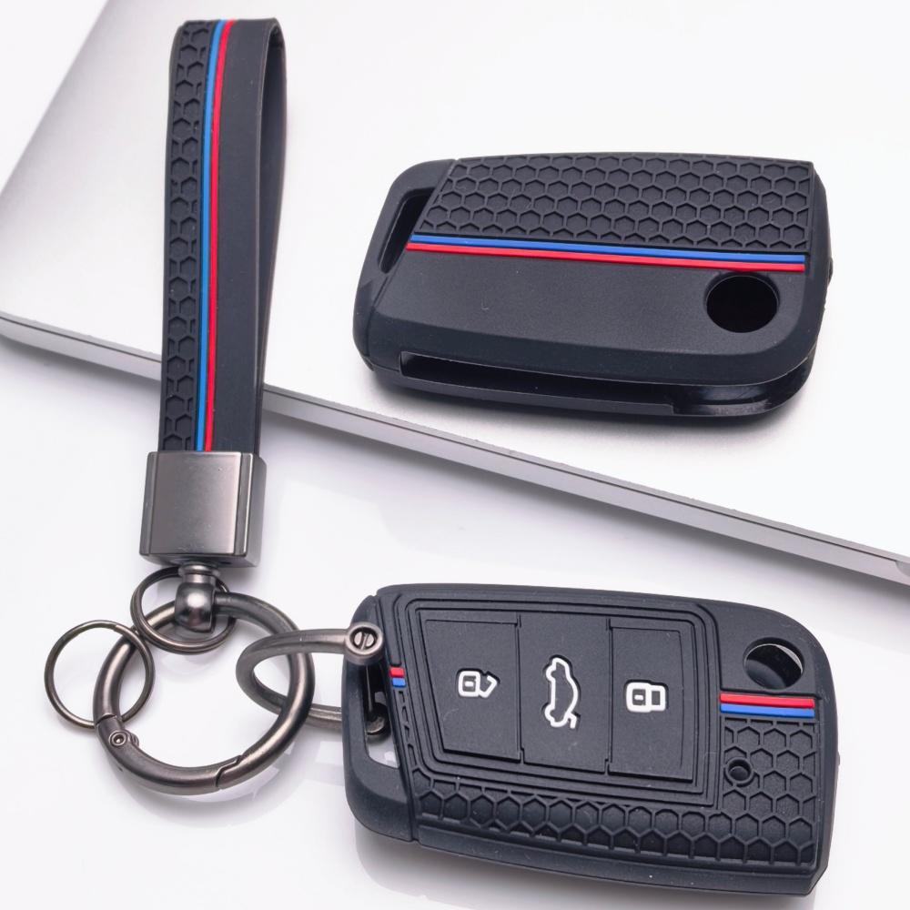 Silicone Car Key Fob Cover with Keychain Fit for Volkswagen VW Golf 7 MK7 Tiguan MK2 Touran L for Skoda, Fits Volkswagen Golf Tiguan Octavia A7