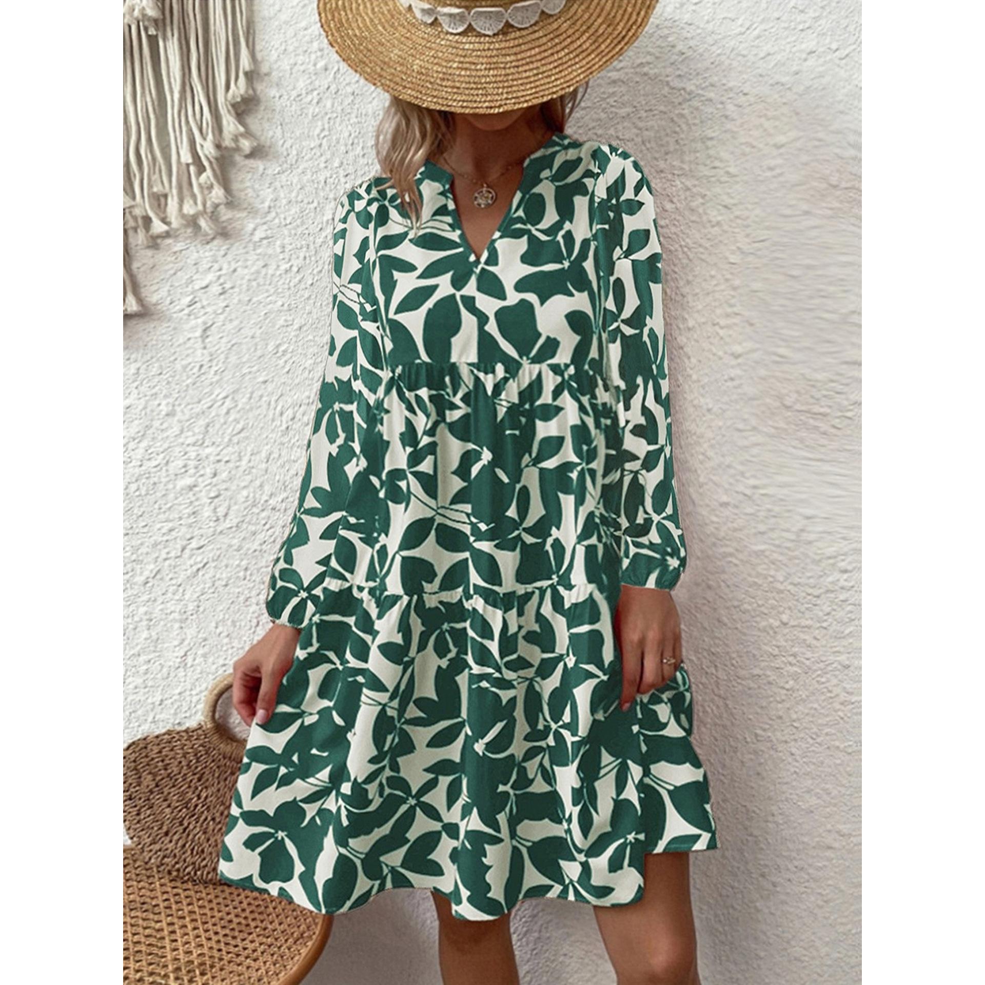 

Женское богемное модное свободное платье с длинным рукавом и v-образным вырезом, плиссированное платье с принтом L зелёный