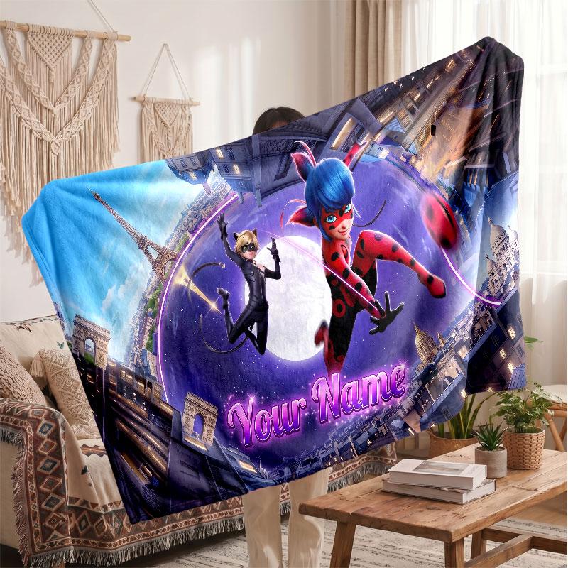 Miraculous Ladybug Personalized Flannel Blanket, Custom Printed Text Name, Warm Soft Blanket For Couch Bed