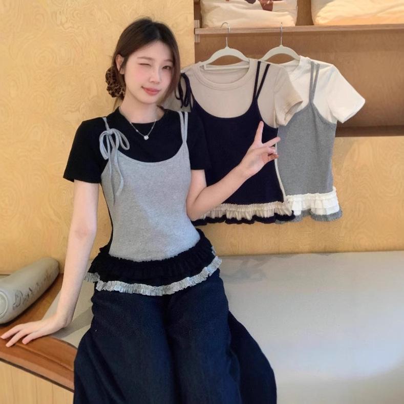 2025 Summer Lace Trim Color Block Sling T-shirt: Sweet & Spicy Girl Design