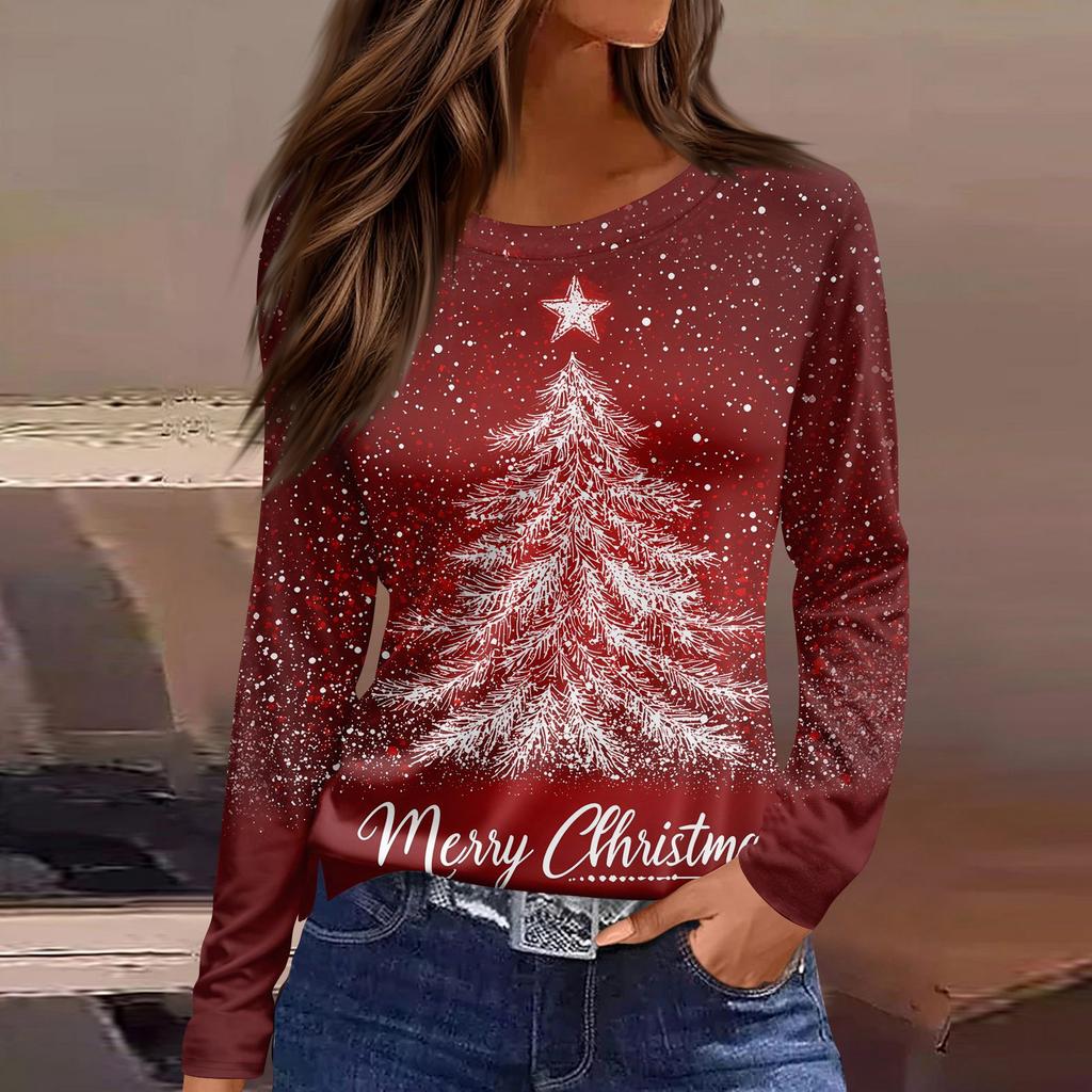 Damenmode Lässig Schlitzsaum Rundhals Langarm Locker Weihnachten Bedrucktes T-Shirt Damen Oberteil
