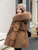Autumn Winter Coat Women Beige Add Wool Thick Warmth Fur Hooded Parkas Jacket 2026 New Fashion Belt Slim Cotton Coat