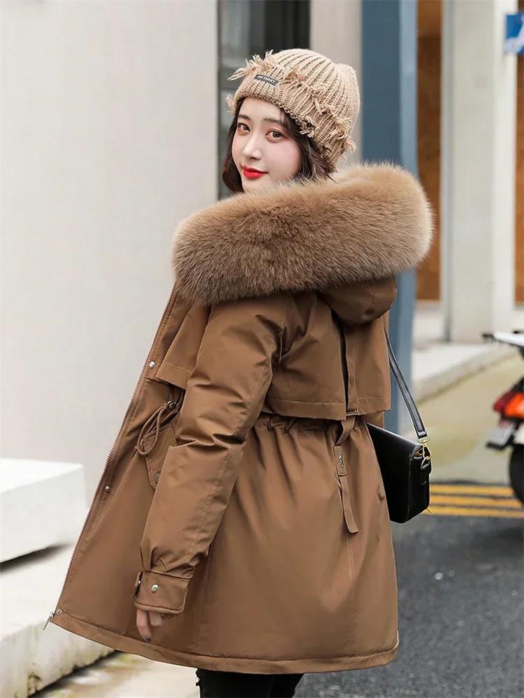 Autumn Winter Coat Women Beige Add Wool Thick Warmth Fur Hooded Parkas Jacket 2026 New Fashion Belt Slim Cotton Coat